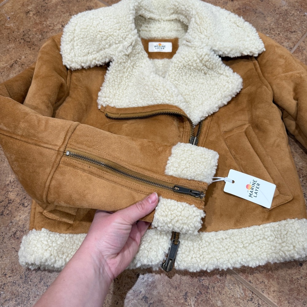 Marine Layer Faux Suede Sherpa Fleece Moto Jacket Chestnut XS NWT Casual Cozy - Picture 9 of 10